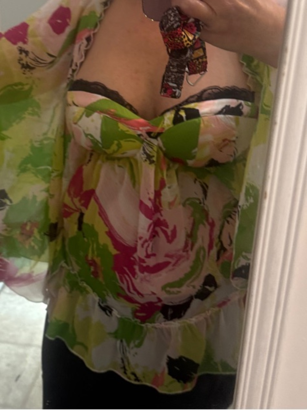 Bebe Floral Kimono Sleeve Top in Pink & Lime Green NWT